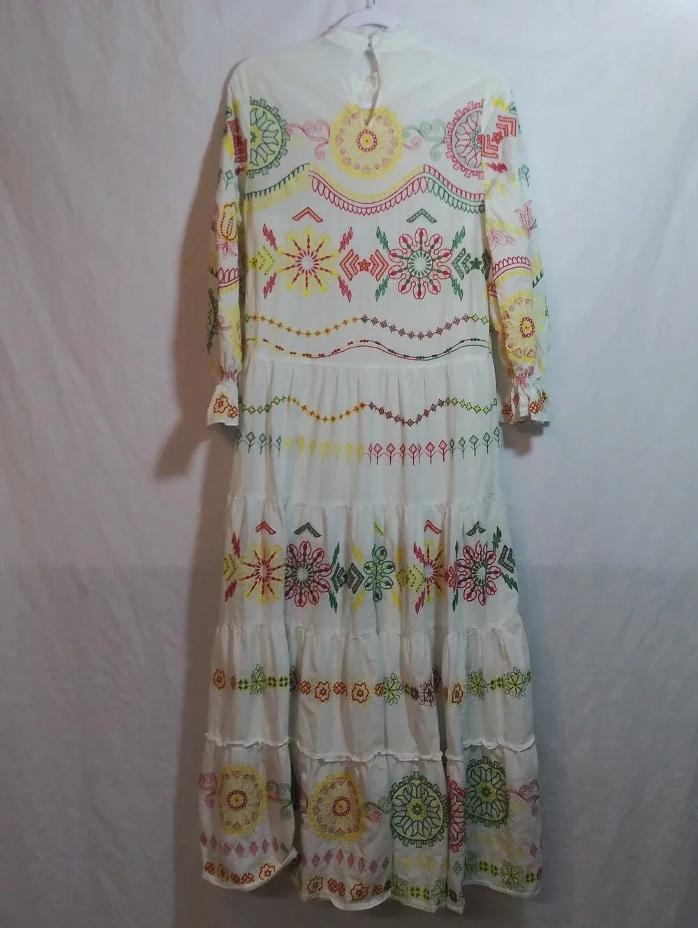 Zara Boho White Maxi Dress with Multicolor Embroidered Medallions Size XS
